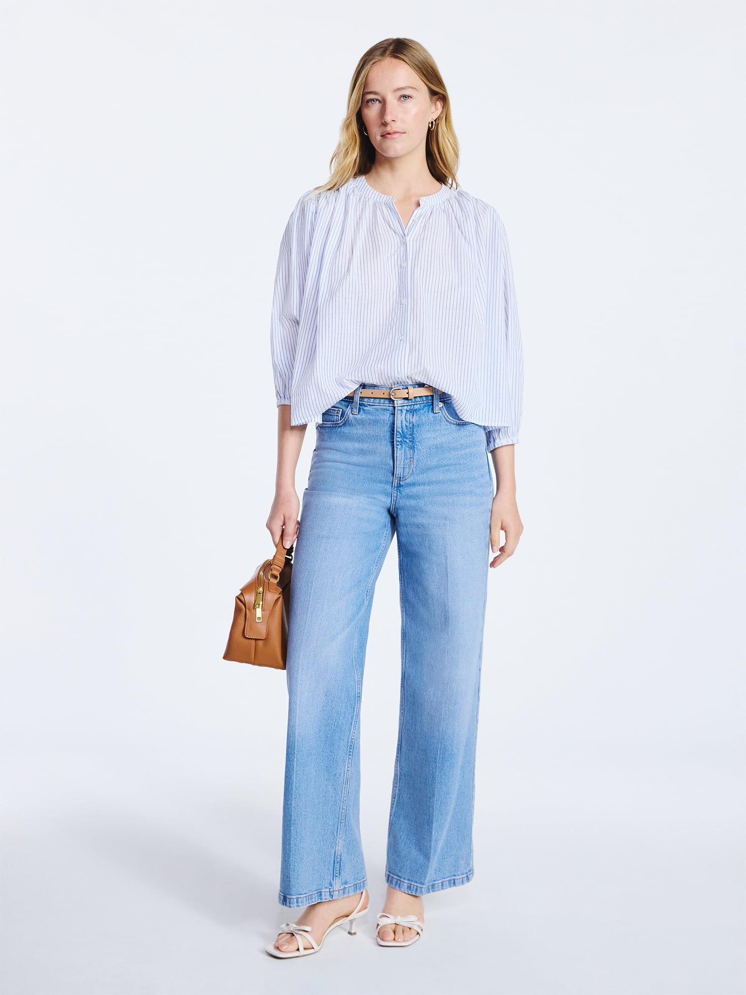 Free Assembly Women's Shirred Cotton Button Down Blouse with Long Sleeves, Sizes XS-XXL