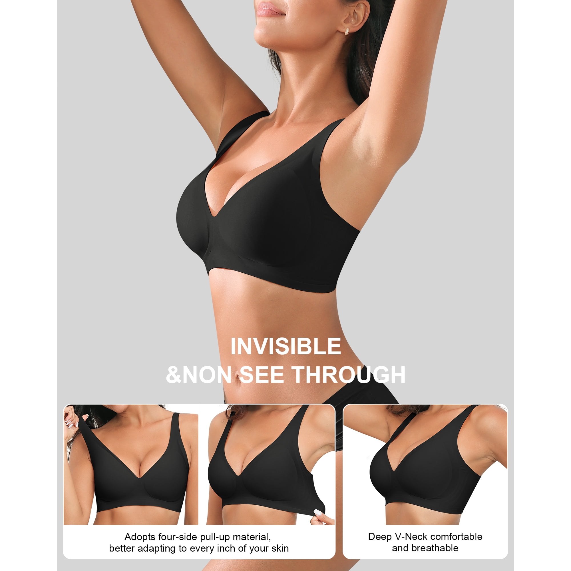 Daystry Womens Comfortable No Underwire Deep V Bras 360° Jelly Strip Wireless Soft Bra with Bra Extender