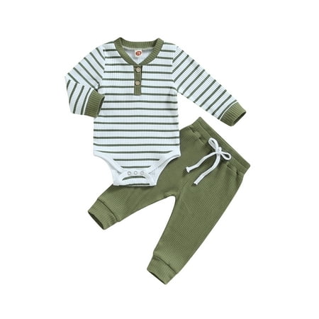 

Eyicmarn Baby Boy 2Pcs Fall Outfits Long Sleeve Striped Print Romper + Pants Set Infant Warm Clothes