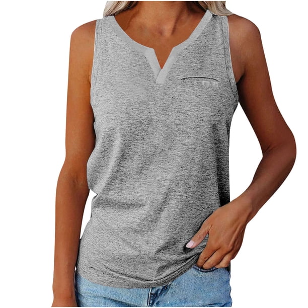 Camisetas informales sin mangas con bolsillo y cuello en V de Color liso para mujer de verano Fridja gh7361
