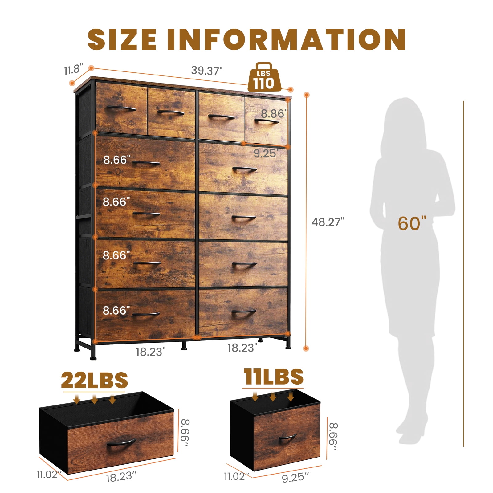 CONCETTA Dresser Storage with 12 Drawers,Structural Stability, Iron Frame Structure and Wood Top for Living room, Home Office, Rust Brown