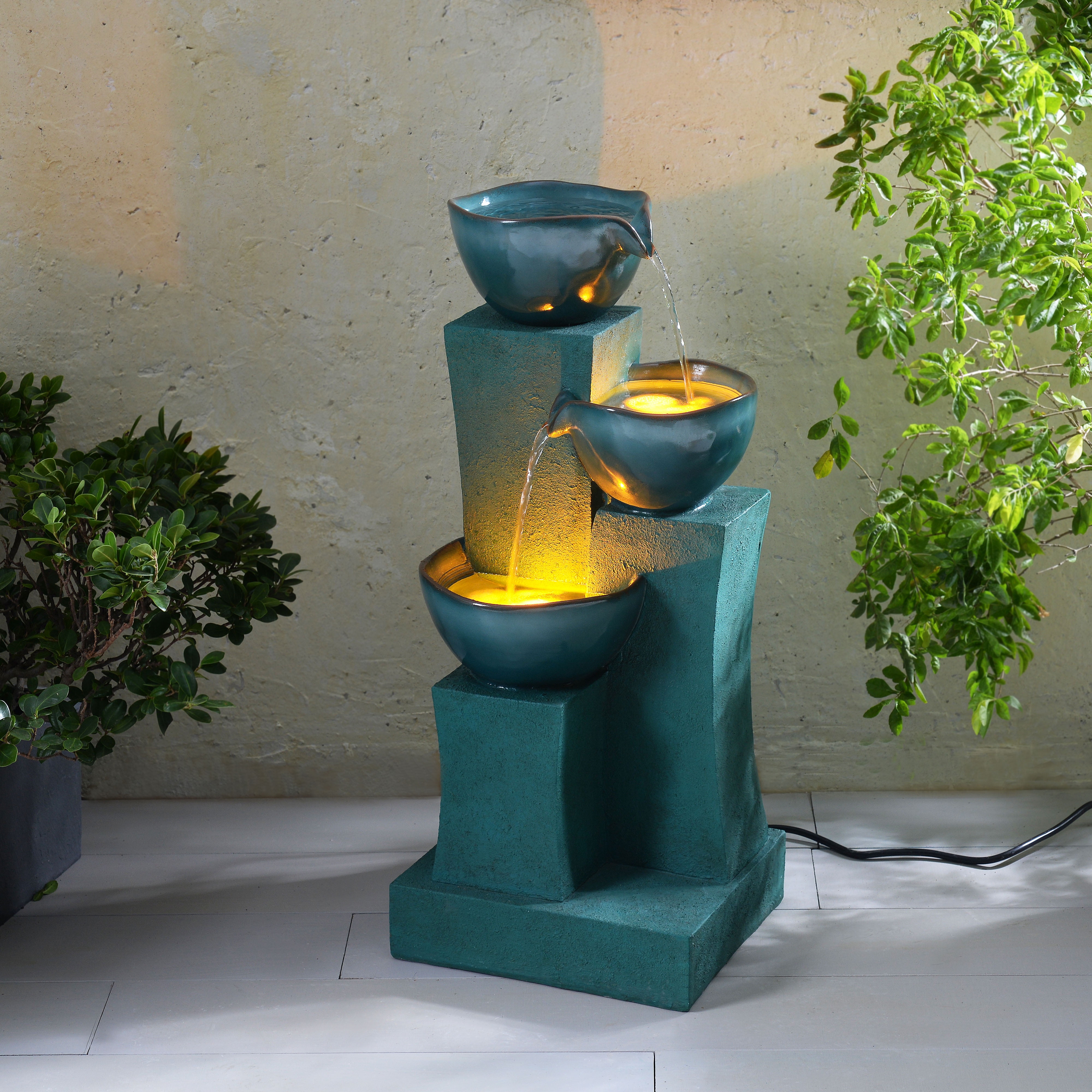 Teamson Home 3-Tier Cascading Outdoor Water Fountain with LED Lights, Green