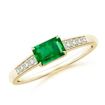 ANGARA Natural East West Emerald-Cut Emerald Solitaire Ring with Diamond Accents in 14K Yellow Gold for Women (Size-6x4mm) | May Birthstone, Anniversary, Jewelry Gift for Women | Natural Emerald Ring