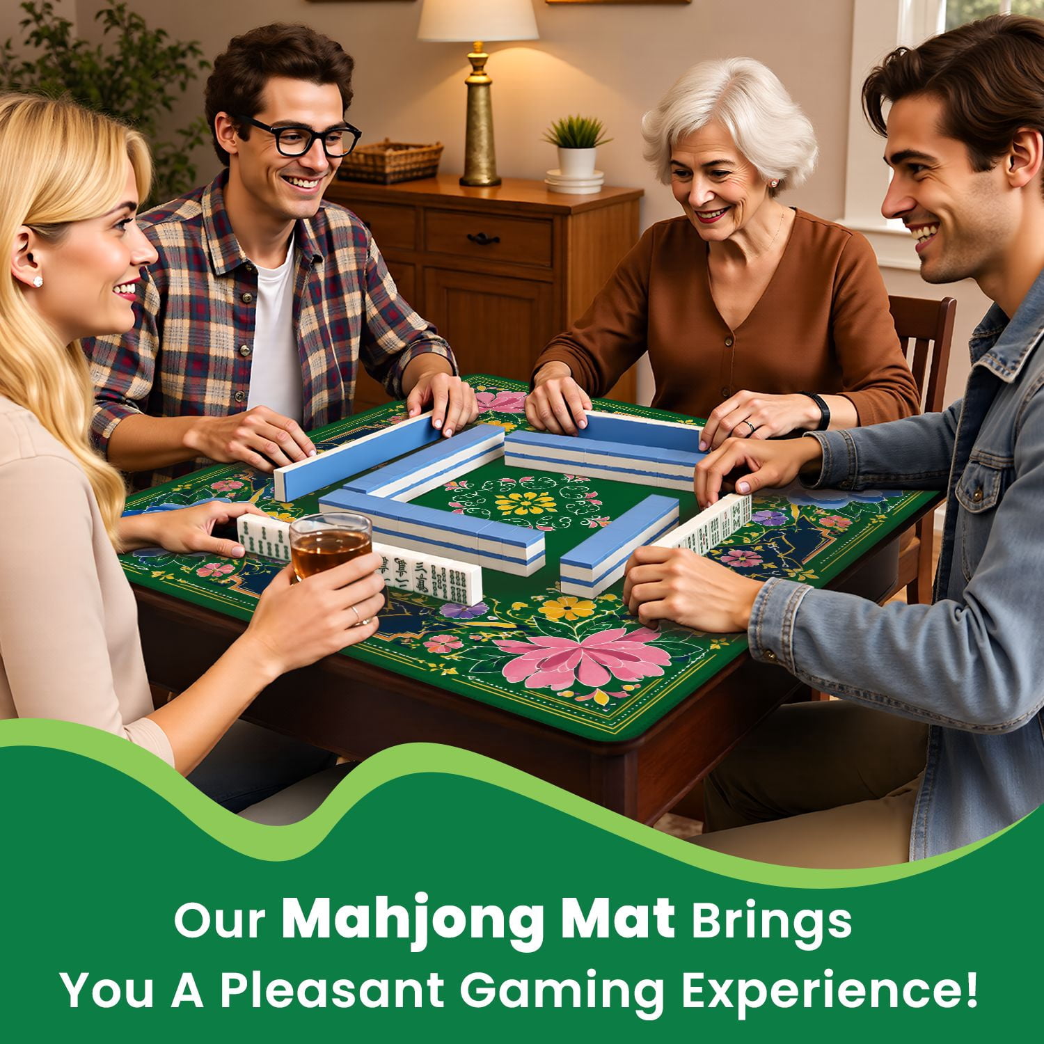 Mahjong Mat 31.5" x 31.5" Floral Vibrant Colors Abstract Design Green Non-Slip Noise Reduction Mahjong Tiles Table Cover for Dominoes Poker Card Board and Tile Games