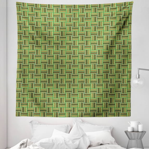 Ethnic Tapestry, Composition of Stripes with Ornamental Motifs Checkered Squares Illustration, Fabric Wall Hanging Decor for Bedroom Living Room Dorm, 5 Sizes, Multicolor, by Ambesonne