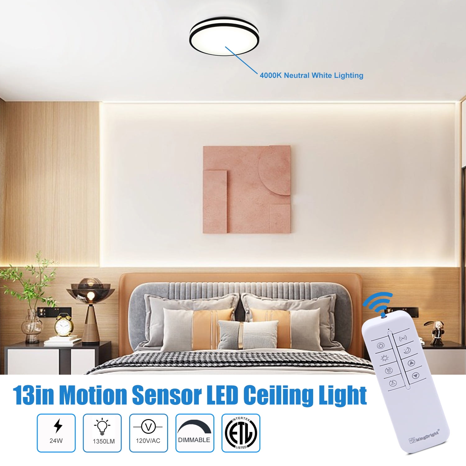 Modern Microwave Motion Sensor LED Flush Mount Ceiling Light Fixture With Remote Control, 13-Inch Round  Dimmable Ceiling Lamp,  For Kitchen, Living Room, Bedroom, Garage,  Hallway,  4000K Cool White