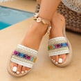 thumbnail image 2 of Womens Flat Sandals Ethnic Summer Slip On Sandals Thick Sole Open Toe Platform Slides Boho Beaded Slide Sandals - Flat Square Toe Shoes with Ethnic for Summer Casual & Beach Wear, 2 of 9