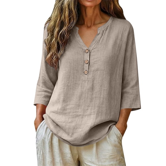 IMENGL Long Sleeve Shirts for Women Soft Linen Summer Plus Size 3/4 V Neck Button Blouses Loose Clothes T-Shirt Casual Women's Basic Tee Long Sleeve Tops,Brown