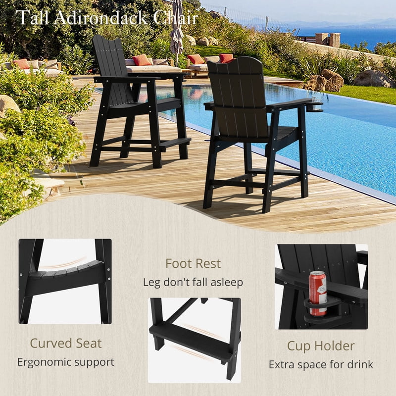 Dycanpo 25.6'' Tall Adirondack Chair with Cup Holder,All-Weather Outdoor Bar Stools,HDPS-Black