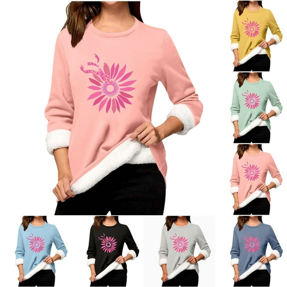 Aboser Breast Cancer Awareness Sweatshirt Women Thermal Thick Sherpa Lined Homewear Trendy Pink Ribbon Graphic Sweatshirts Breast Cancer Survivor Pullover Tops