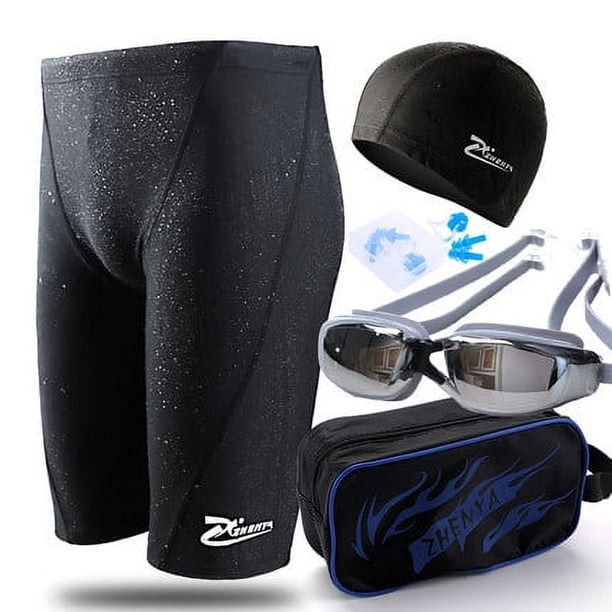 Bañador de hombre de cinco puntos, de secado rápido, impermeable, bañador de hombre de talla grande de piel de tiburón, gorro de baño para hombre, gafas de natación, conjunto de equipo