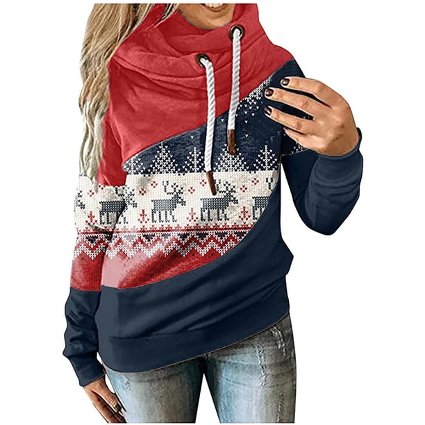 Sudaderas con capucha y cuello vuelto para mujer, sudaderas con estampado navideño de manga larga, suéteres, Tops con cordón Fridja fhghd3212