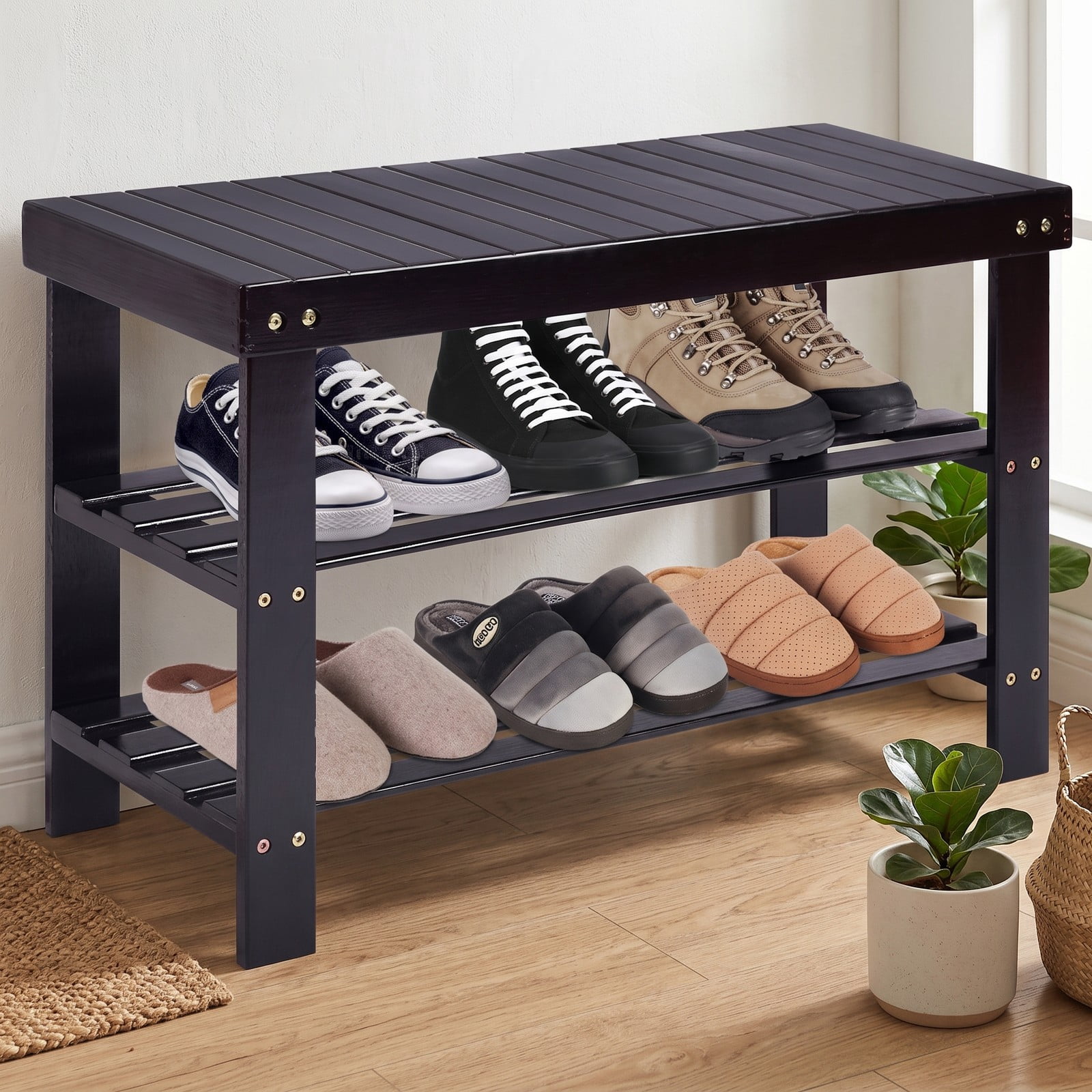 Furnibear 3-Tier Bamboo Shoe Bench with Bench Seat and 2 Slatted Storage Shelves for Entryway Bedroom and Bathroom, Black