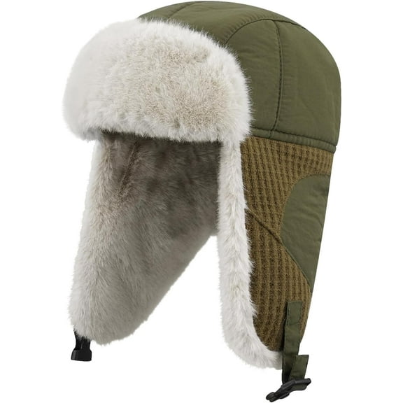 AKcxy Faux Fur Trapper Hat Warm Eskimo Hat Russian Trooper Hats Unisex Earflaps Hat with Chin Strap Winter Snow Cap