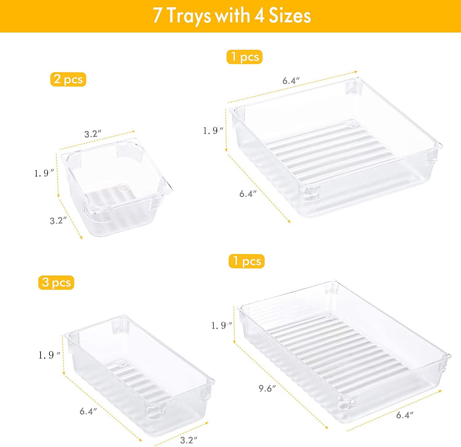 Seenda 7 Pack Desk Drawer Organizer Trays with 4 Different Sizes,Versatile Clear Drawer Organizers Storage for Bathroom, Makeup, Bedroom, Kitchen,Office