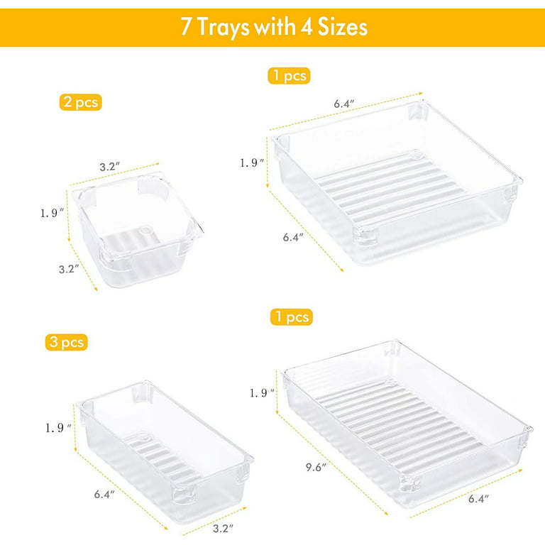 Lieonvis 7/12 Pcs Drawer Organizers 4-Size Clear Acrylic Drawer Organizer  Containers Desk Drawer Organizer Trays with Non-Slip Pads Storage Boxes for