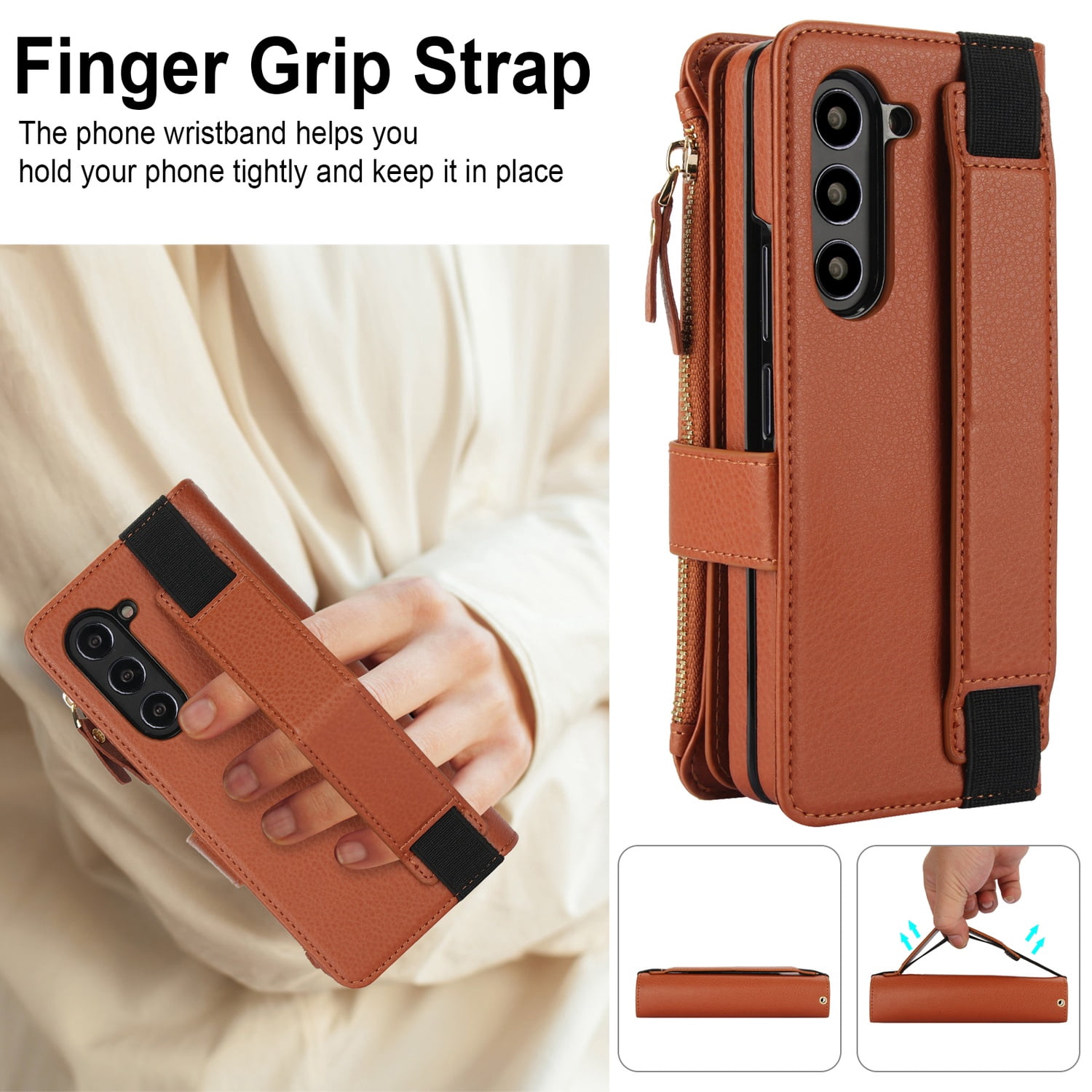 Allytechgroup for Samsung Galaxy Z Fold 7 Case Wallet, 7 Cards Slots Cash Zipper Pocket S Pen Holder Hand Strap Wrist Flip Cover Protective Phone Case for Samsung Galaxy Z Fold 7,Brown