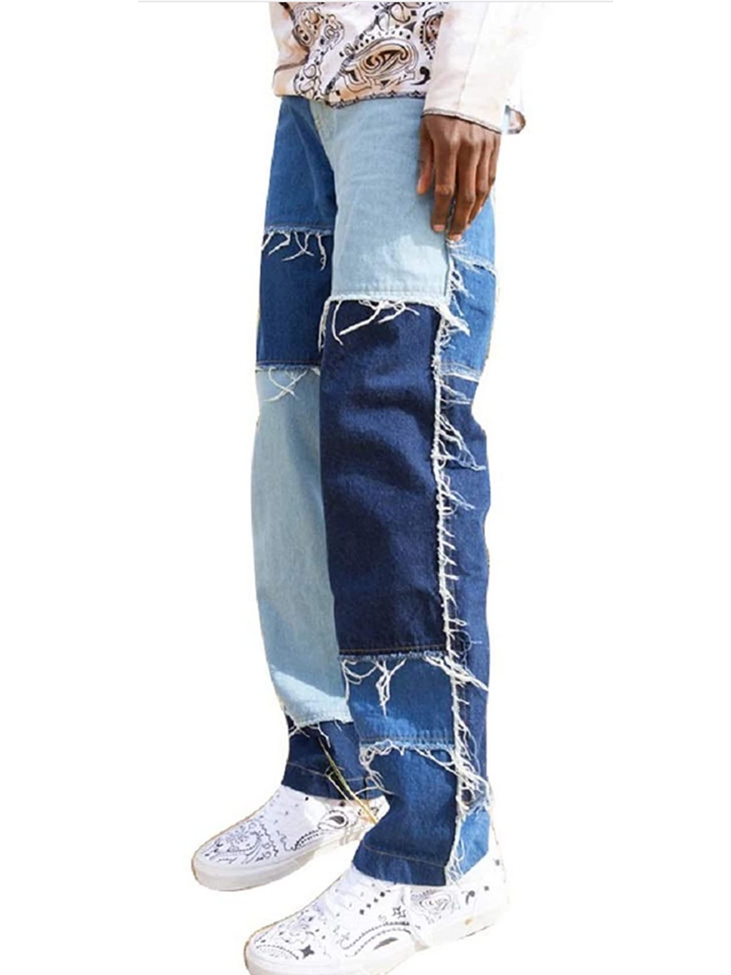 Yejaeka Men's Patchwork Jeans High Waist Straight Leg Jeans Loose Hip-Hop Pants, Size: 2XL, Blue