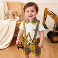 thumbnail image 3 of Kaprioy Baby Boy Outfit Summer Gentleman Suit Letter BEEP Tractor Print Short Sleeve Bowtie Romper Plaid Suspender Overalls Shorts Set, 3 of 5
