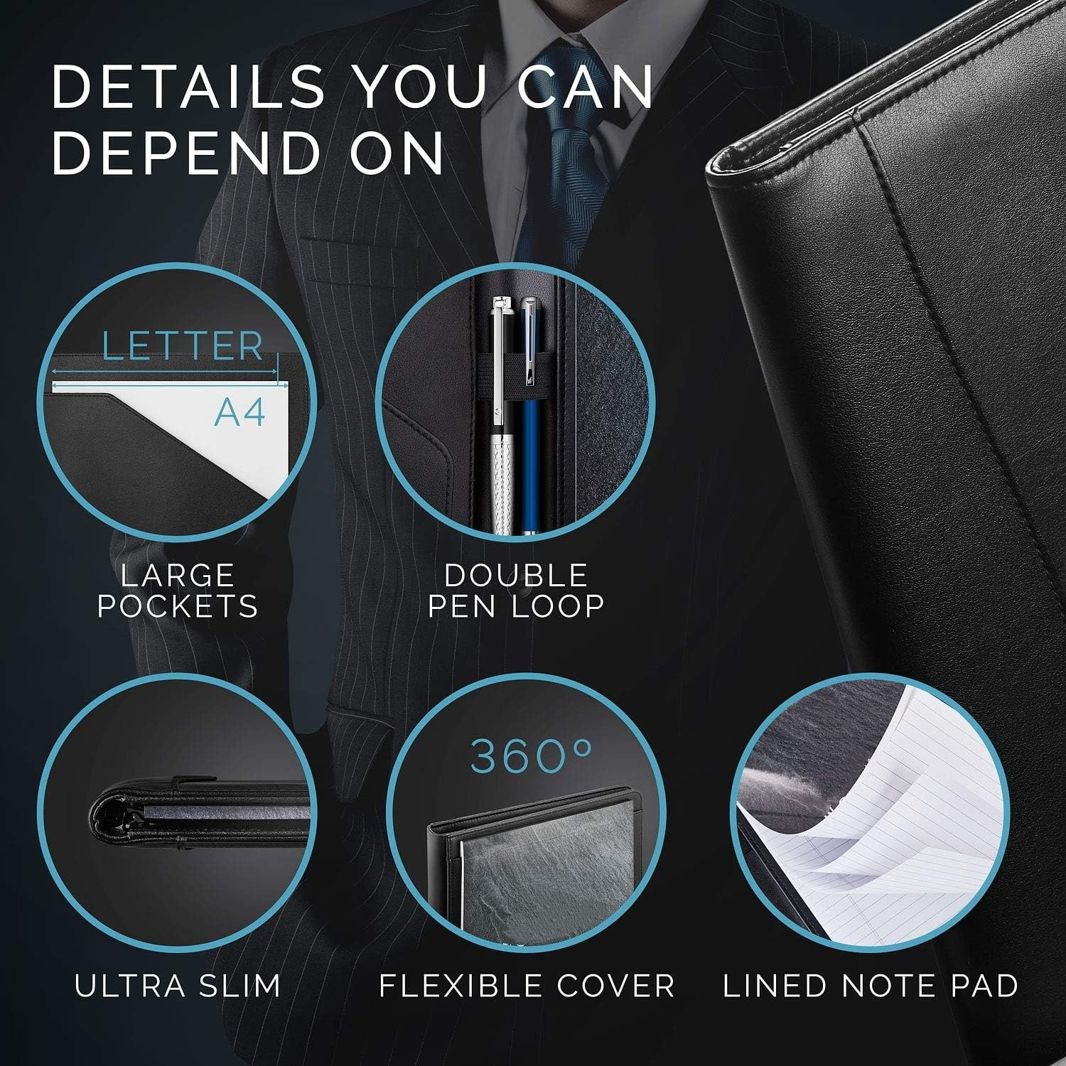 Leather Portfolio Folder - Business PU Leather Portfolio Notepad Holder for Resumes, Legal Pad Portfolio Executive Binder, Professional Padfolio Notebook for Women/Men