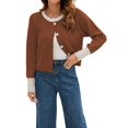 thumbnail image 2 of Women'S Cropped Cardigan Sweaters Fall Long Sleeve Open Front Button Down Color Block Knit Outwear Coats Coffee Color M, 2 of 8