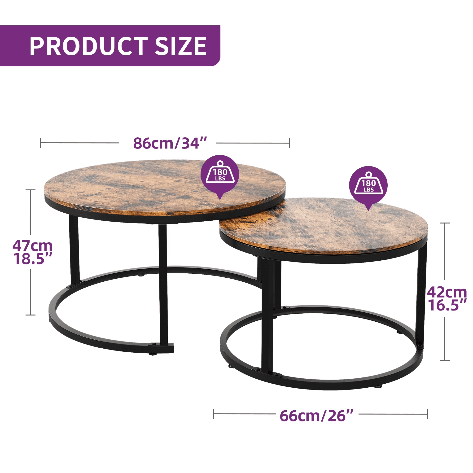 Uforic Nesting Coffee Tables Set of 2,Round Coffee Table for Living Room,Wood Coffee Tables with Sturdy Metal Frame,Rustic Brown