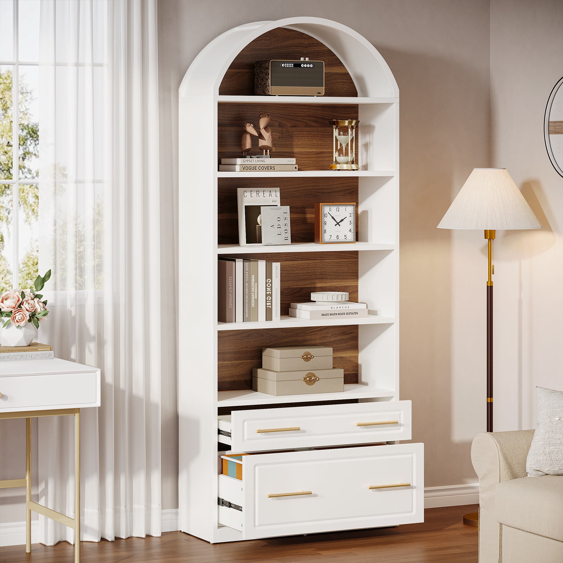 Finmind 77" Tall Arched Bookcase Set of 2, 5-Tier Modern White Bookshelf with File Cabinet Drawer