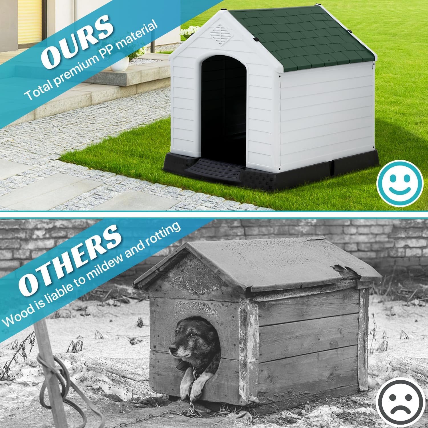 XF XINFENG Large Dog House Plastic Indoor Outdoor Waterproof Dog Kennel with Air Vents Elevated Floor( Green, 41''L*37.4''W*39''H)