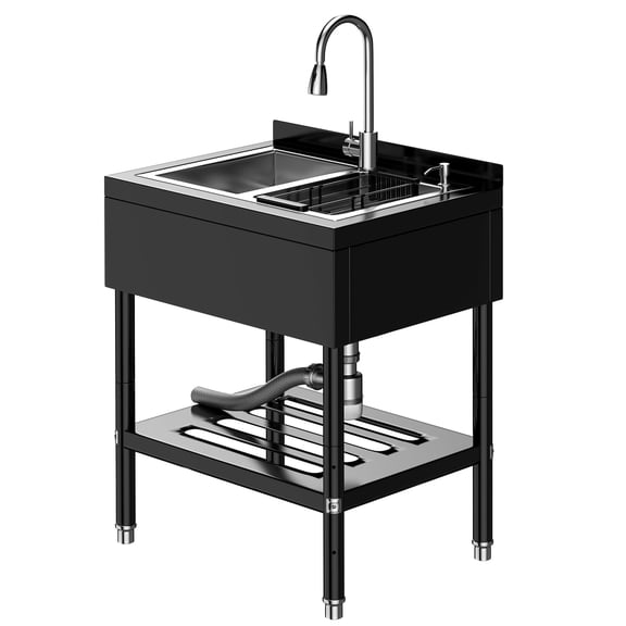 Stainless Steel Utility Sinks,Freestanding Sink with Cold and Hot Water Faucet,Drain Kit,Standing Kitchen Sink Cabinet for Laundry room,Outdoor,Garage,Bathroom
