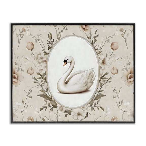 Stupell Industries Cottage Swan Vignette in Floral Border Black Framed Giclee Art, 14 x 11, by Arlington Prints