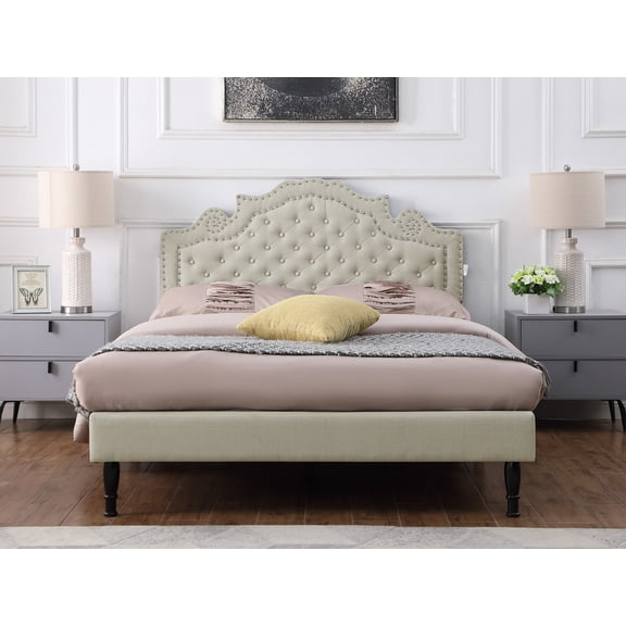 Oliver & Smith Full Modern Cloth Linen Velour Platform Bed, Beige