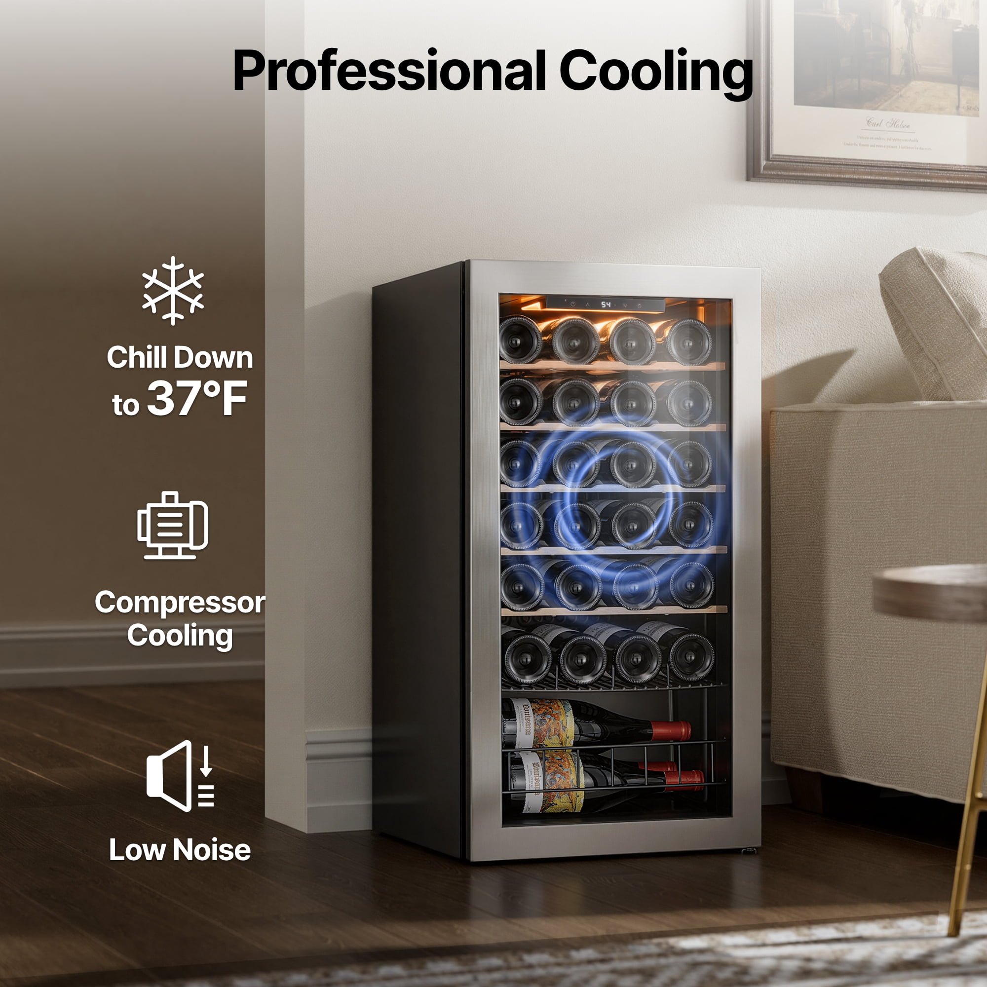 Ca'Lefort Wine Cooler Refrigerator, 3.11 cu.ft. Mini Wine Fridge Freestanding Wine Chiller with Double-Layer Glass Door for Home/Office