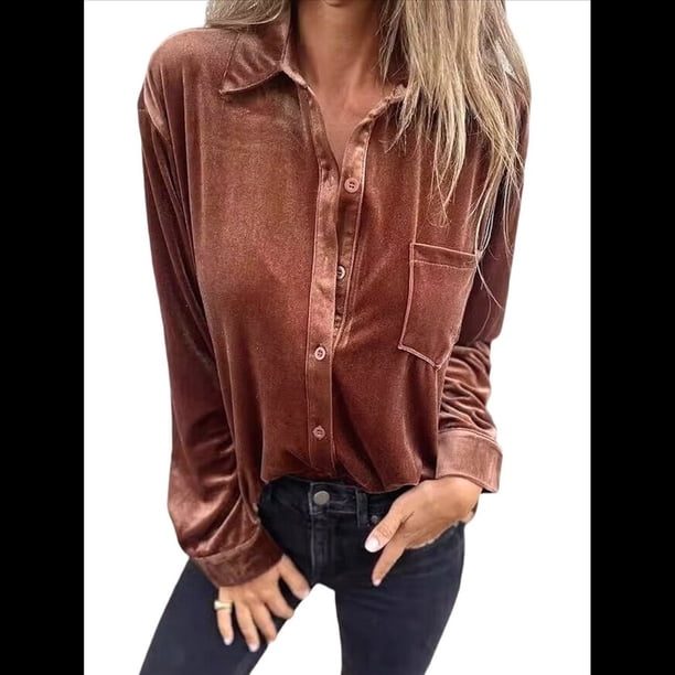 Camisetas Casuales de Larga con Botones de Terciopelo de Invierno para Mujer Color Café XXL