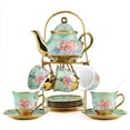 thumbnail image 2 of E-Greetshopping 20-Piece Ceramic Tea Coffee Set - Exquisite 6 - Person Floral - Green with Gold Floral Design, Teapot with Spout and Metal Holder, 2 of 9