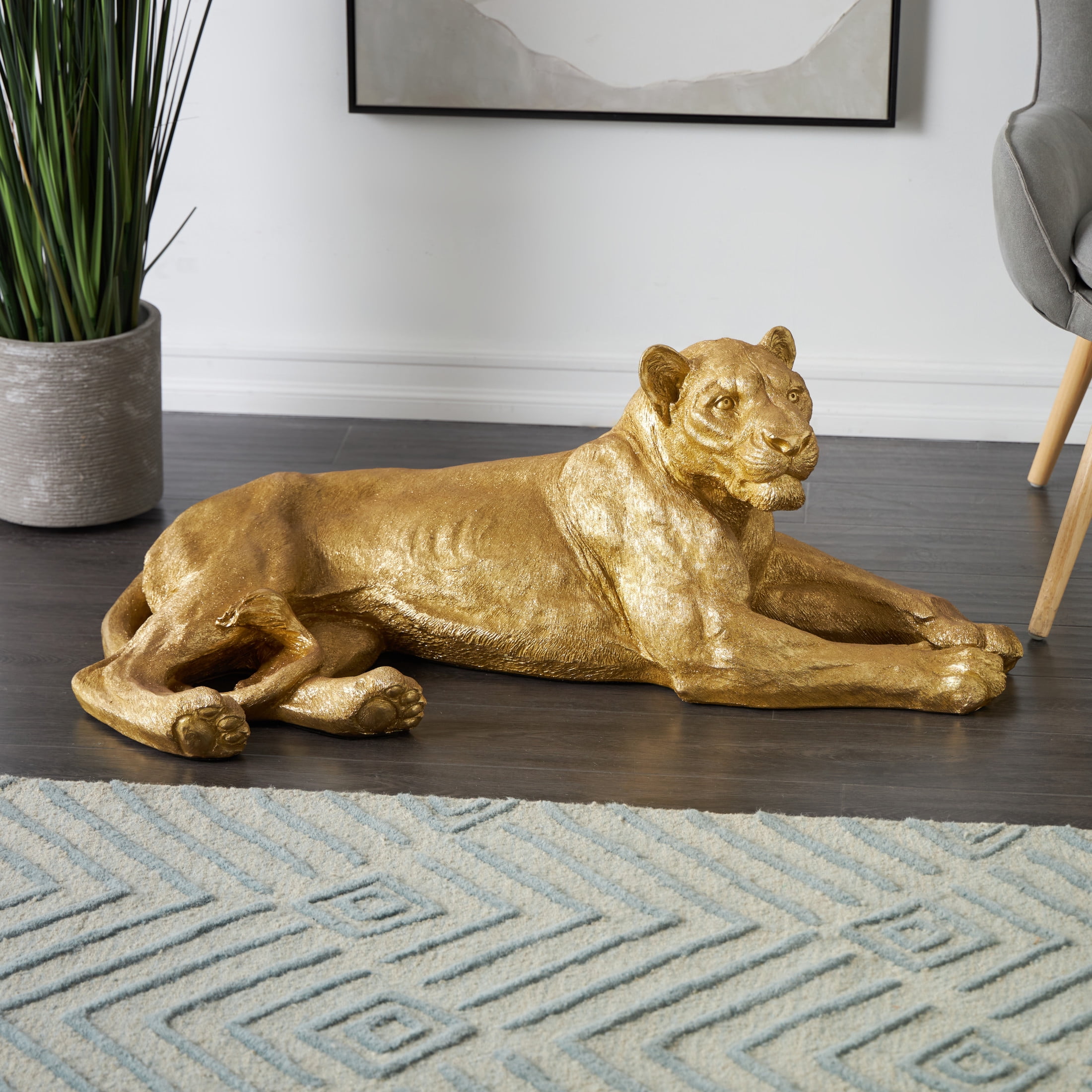 44" x 16" Gold Resin Laying Leopard Sculpture, by DecMode