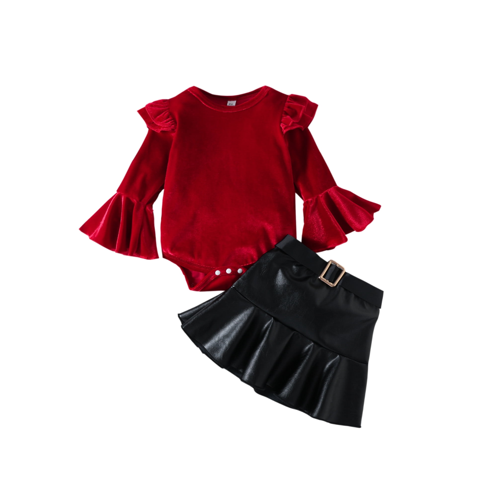 Sunloudy Toddler Girls Christmas Skirt Set Long Sleeve Crew Neck Romper with PU Leather A line Skirt