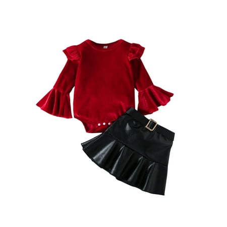 

Sunisery Girls Christmas Skirt Set Long Sleeve Crew Neck Romper with PU Leather A-line Skirt