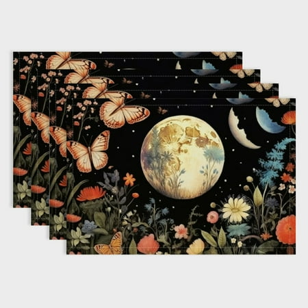 

Fenyluxe Flowers Butterflies Linen Table Mats Set of 4 for Dining - Ideal for Parties Restaurants and Home Decor 18x12in