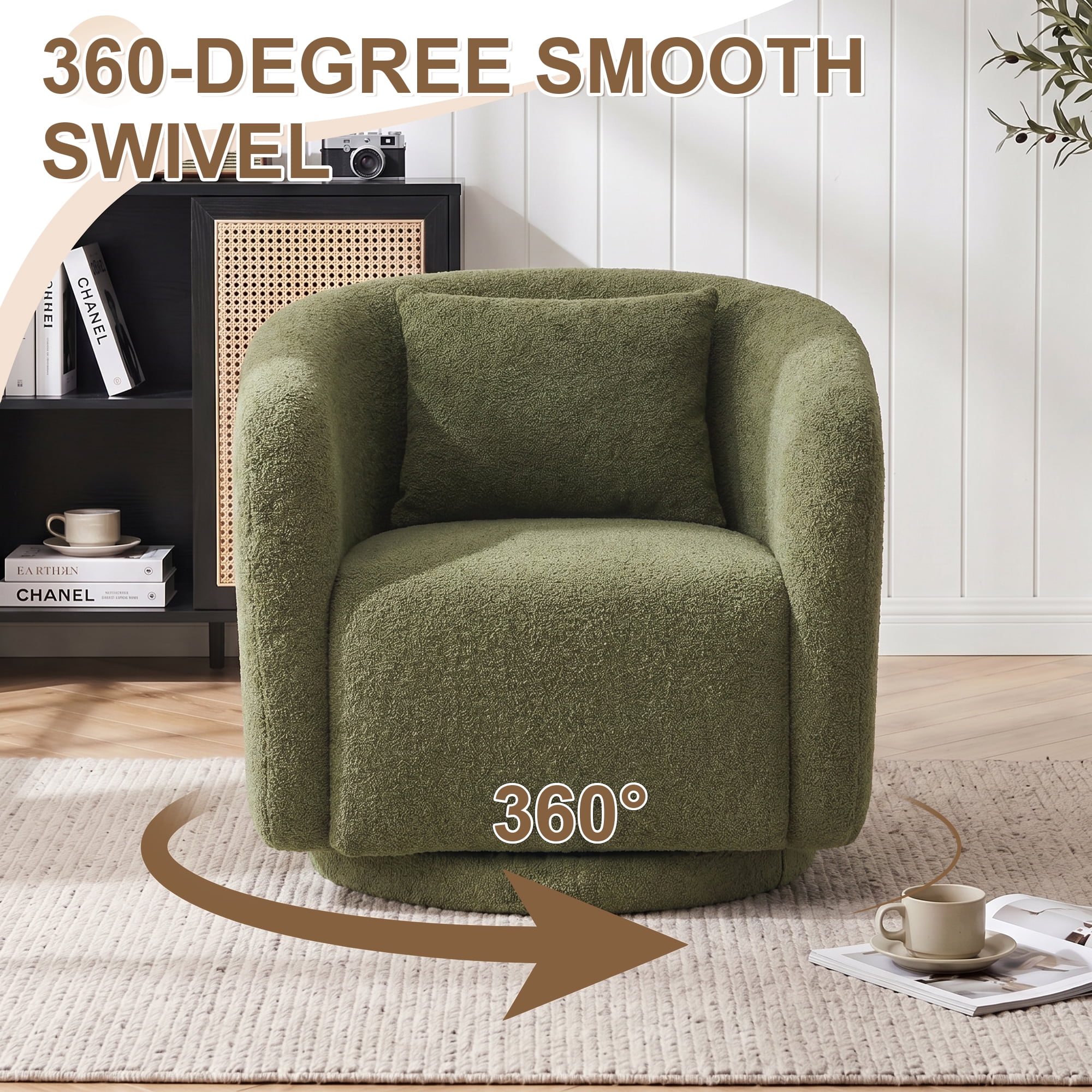 MAYEERTY 31.1" Green Boucle 360° Swivel Barrel Chair,350LBS Wood Frame Accent Chair with Pillow for Living Room Bedroom Office
