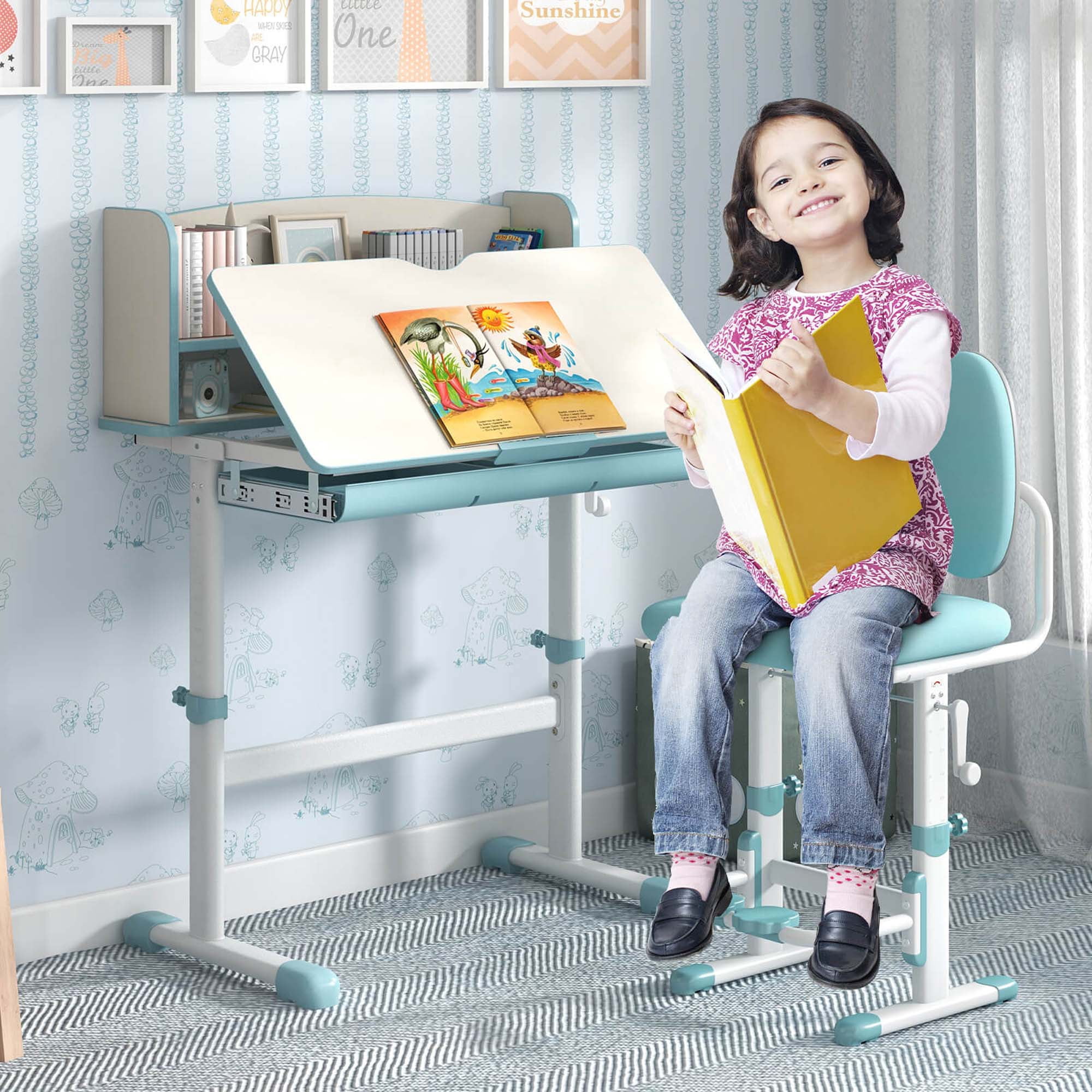 Costway Kids Study Desk with 7-Level Tiltable Desktop Adjustable Height Pull Out Drawer Blue