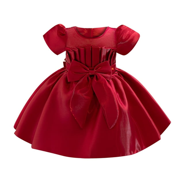 Robes Décontractées pour Bébés Filles Couleur Unie Nœud Papillon Col Rond Manches Courtes Tutu en Maille Robe de Mariage Demoiselle d'Honneur Fête d'Anniversaire Mode Urbaine, Rouge, 18-24 Mois