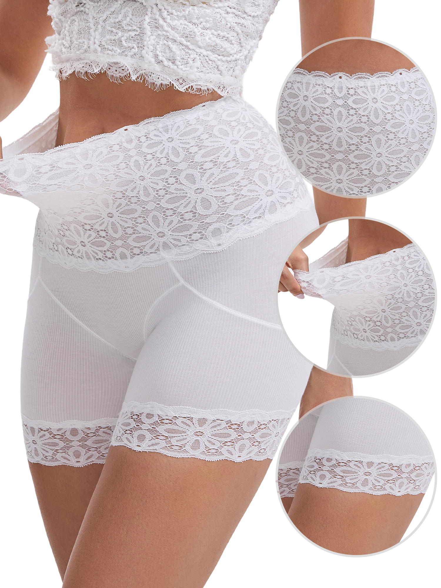 DARING DIVA Women's Lace Trim Tummy Control Slip Butt Lifter Body Shaper XXL White