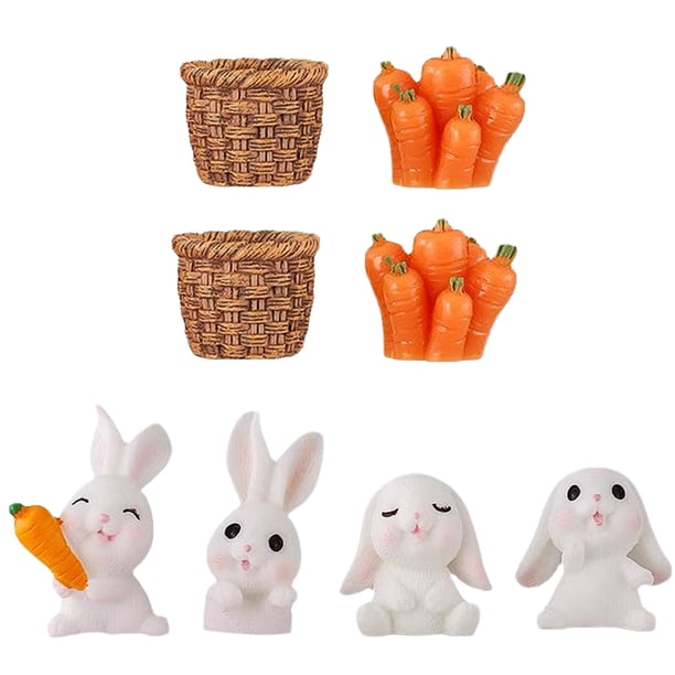 KAKOWELY 8 figuras de conejo en miniatura, cesta de paja en miniatura, figura de zanahoria, decoración para fiesta de Pascua