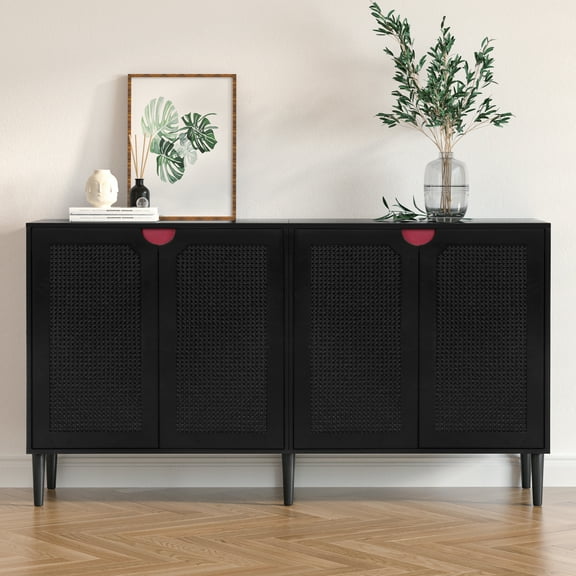 Eumyviv Mid Century Storage Cabinet, Rattan Buffet Sideboard with 4 Doors for Kitchen Living Room Bedroom Hallway, Black H0108