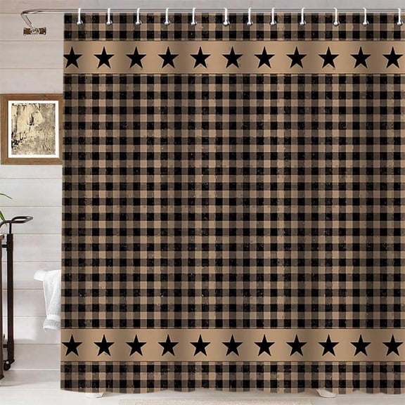 Black and Tan Buffalo Plaid Shower Curtain with Stars Primitive Rustic Farmhouse Fabric Bathroom Shower Curtain 71x71 inches