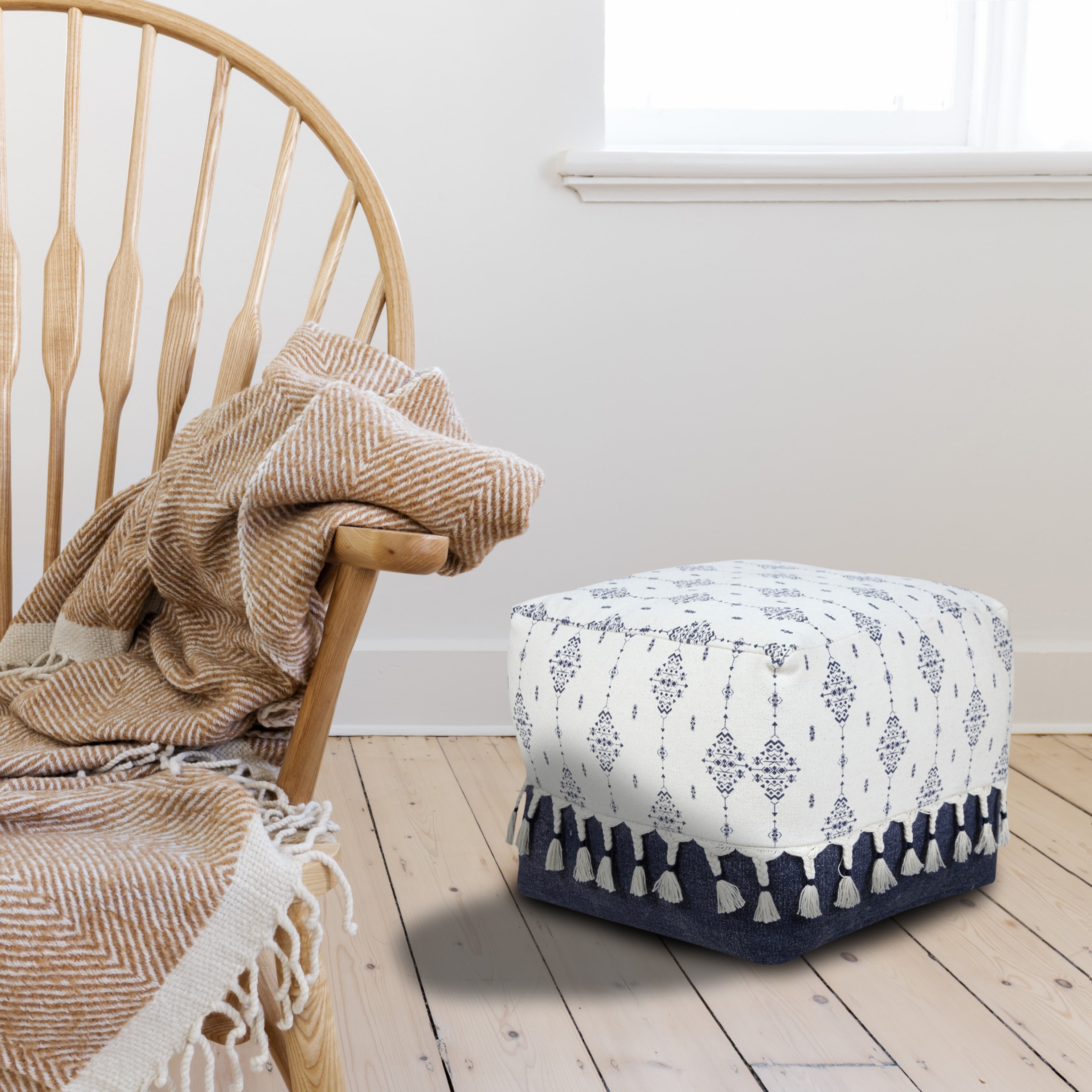 LR Home Small Tassels Tribal Indoor Square Pouf, Navy/Ivory, 18" x 18" x 14"