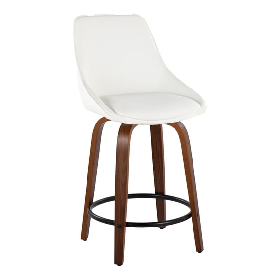 Carson Carrington  Alba 24" Fixed-Height Upholstered Counter Stool with Bent Wood Legs & Round Footrest (Set of 2) White Faux Leather/Walnut