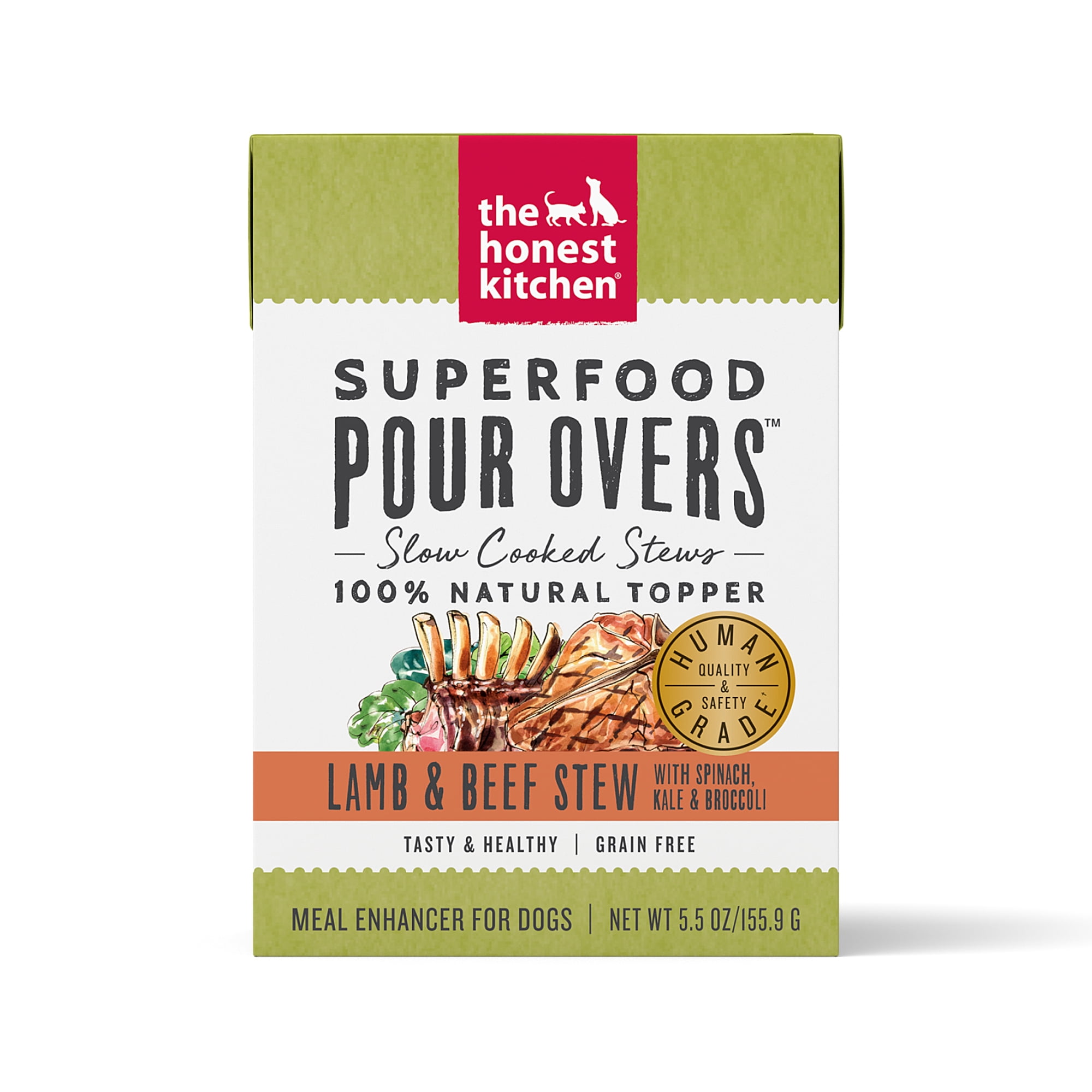 The Honest Kitchen Human Grade Toppers Superfood POUR OVERS Lamb & Beef with Spinach, Kale, & Broccoli Stew Topper, 5.5 oz, Case of 12
