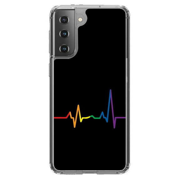 DistinctInk Clear Shockproof Hybrid Case for Galaxy S21  PLUS 5G (6.7" Screen) - TPU Bumper, Acrylic Back, Tempered Glass Screen Protector - Rainbow Pulse Heart Beat - LGBTQ Support