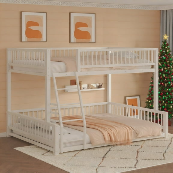 Full XL Over Queen Bunk Bed, Convertible Queen Bunk Beds with Safety Guard Rails, Metal Floor Bunk Bed Frame with Ladder for Dormitory Bedroom, No Box Spring Needed(White)